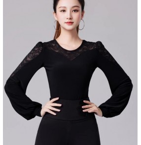 Black red purple lace ballroom dance tops for women girls waltz tango foxtrot smooth Practice dance long sleeves shirts tops for female